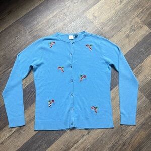 Wish for Joy blue Christmas button up long sleeve holiday candy cane top M